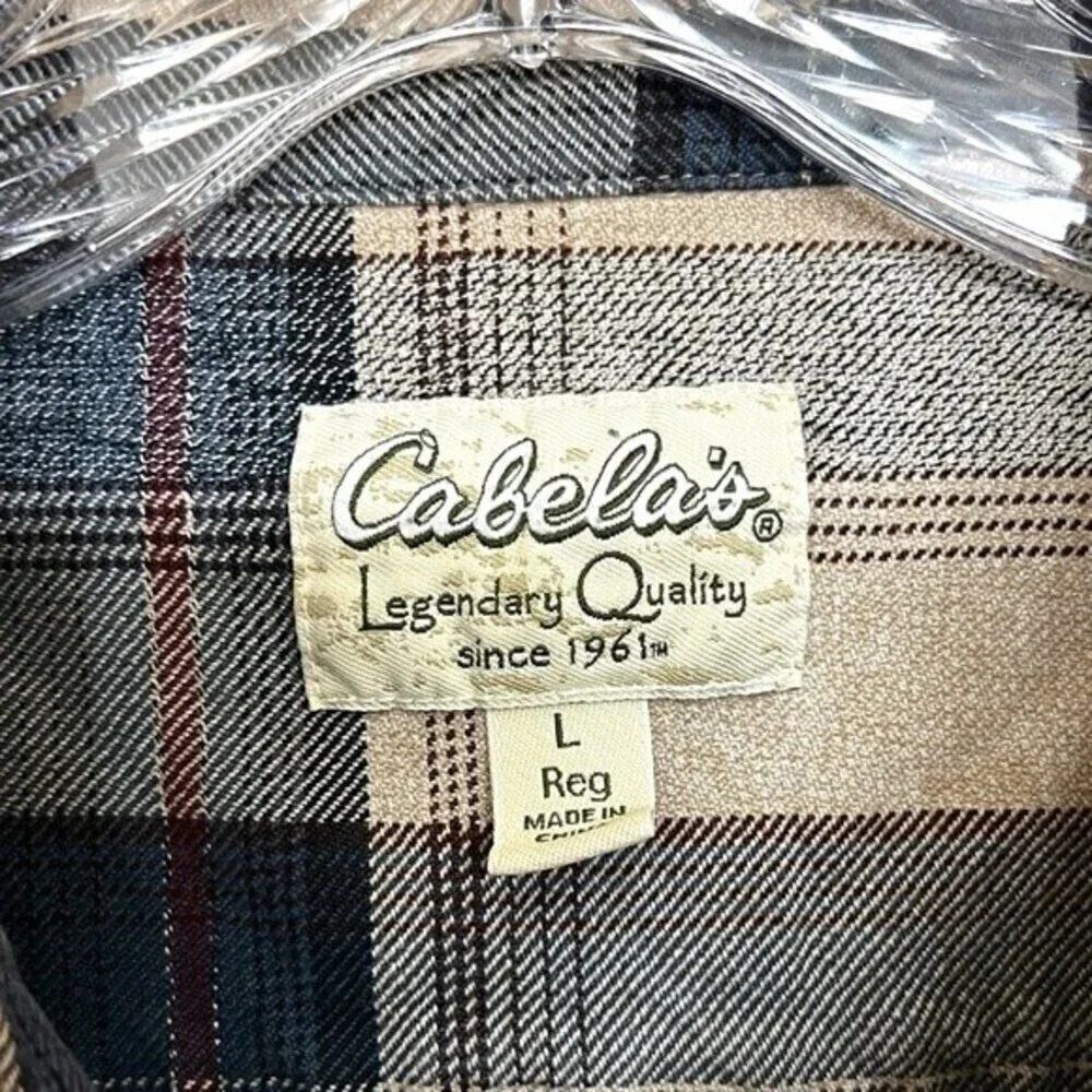 Cabela’s Plaid Button Down Shirt Beige Long Sleeve Flannel Cotton Mens Large